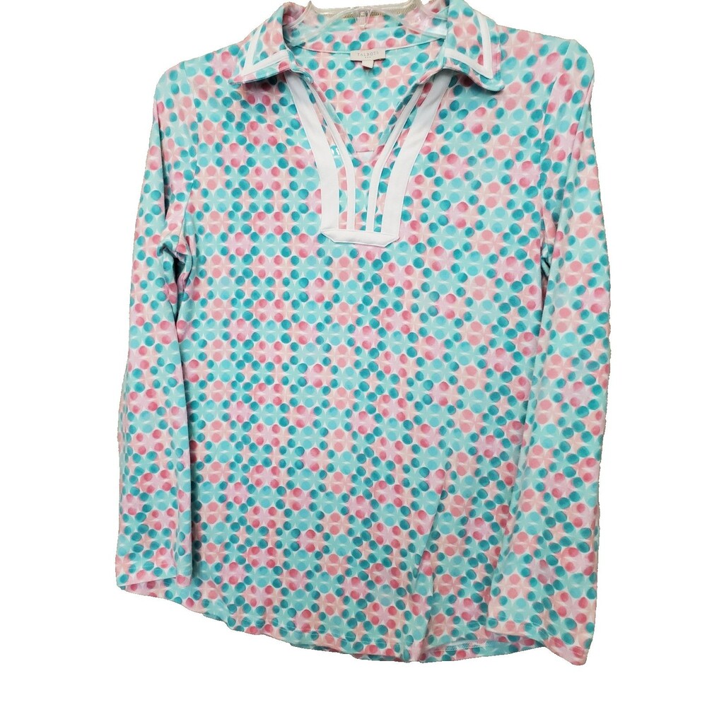 Talbots Cotton Blend Knit Split Neck Long Sleeve Collared Top Size Medium